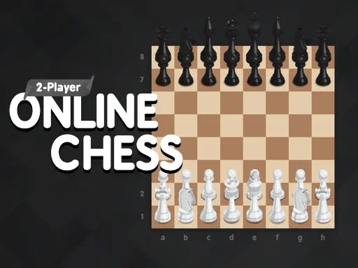 Tabuleiro de xadrez com peças brancas e negras organizadas em suas posições iniciais, com o título "2-Player Online Chess" em destaque na parte superior esquerda.